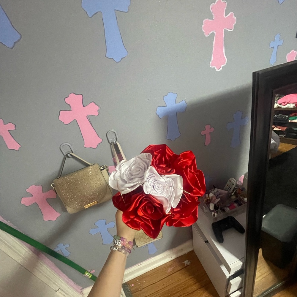Made By Design Red and White Rose Bouquet with the clear glass stand